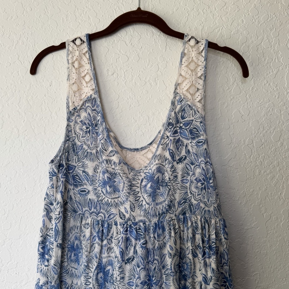 Free People Tank Top Small Floral Linen Cotton Tiered Lace Boho Blue White Beach - Picture 4 of 8